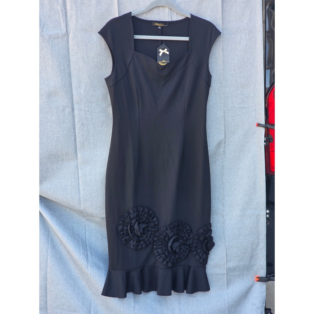 Chantal Nissim Black Rosette Ruffle Hem Cocktail Dress XL 1-09-308 New